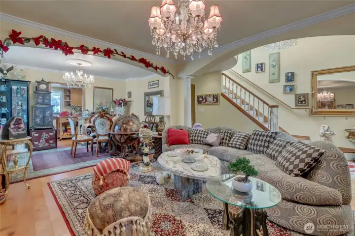 Living room seamlessly connects to dining room