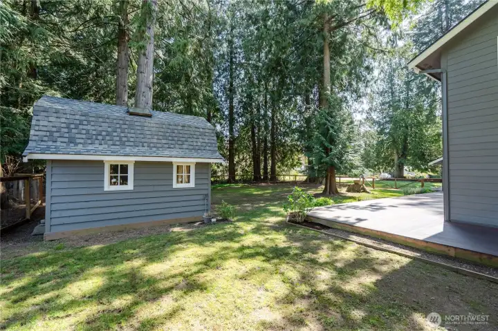 Another view of the East side yard. Awesome Garden Shed.