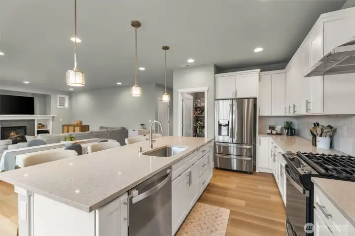 Large kitchen quartz island. Walk in pantry.