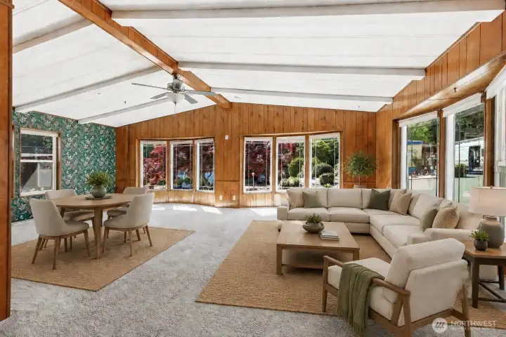 Large Living spaces with vaulted ceilings (virtually staged)