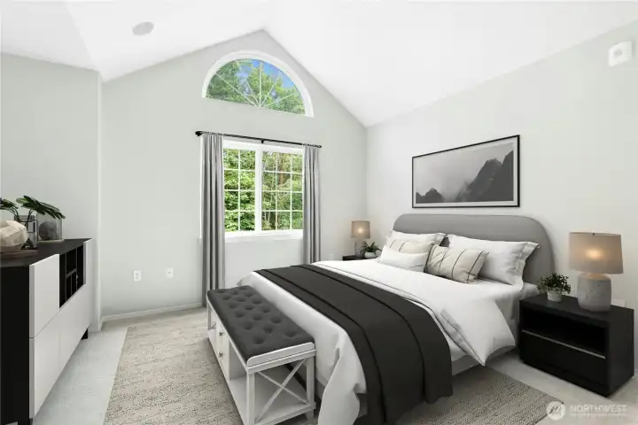 Virtually Staged - Primary bedroom with vaulted ceilings, abundant natural light, and an arched window. Virtually Staged - Primary bedroom with vaulted ceilings, abundant natural light, and an arched window.