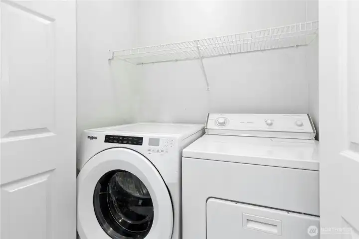 Convenient upstairs laundry with washer and dryer included. Convenient upstairs laundry with washer and dryer included.