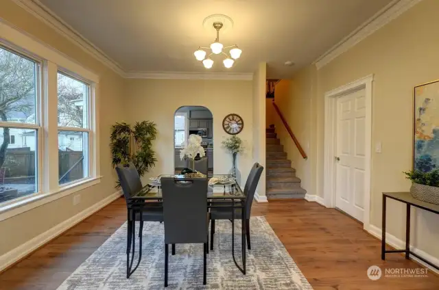 A Better Angle of the Dining Room showing the chandelier & more crown molding.