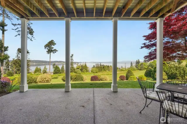 The covered patio on the second floor lets you take in the incredible views of Camano Island.