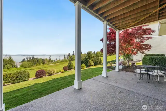 The covered patio on the second floor lets you take in the incredible views of Camano Island.