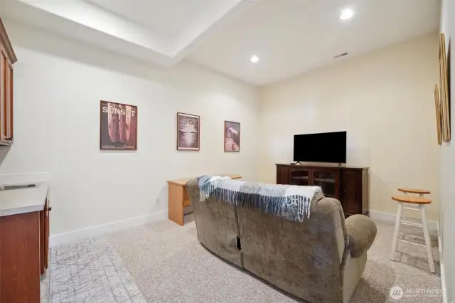 The second floor theater room in complete with a wet bar.