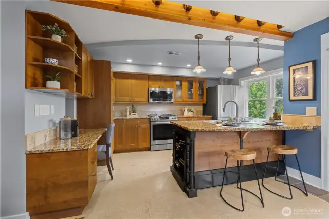 Cork floors, office space, open beams add decoration.