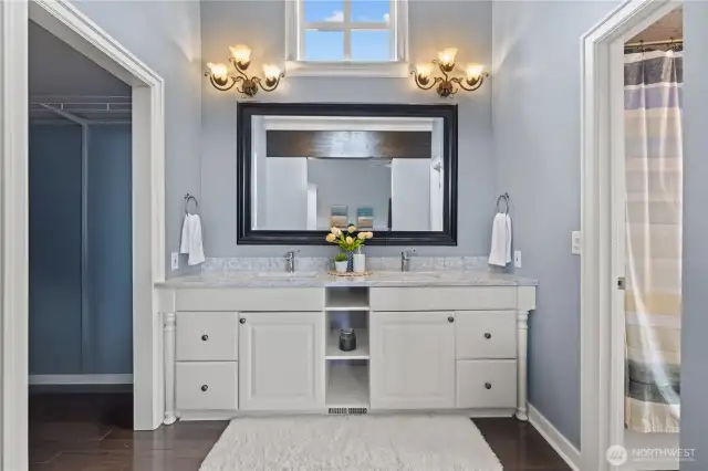 Primary bathroom.  Two sinks, jetted tub, bidet and walk in closet.