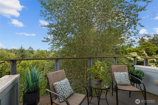 Private deck overlooking trees and lush greenery.