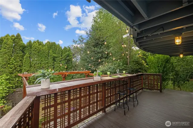 Covered Downstairs Deck with beautiful wood slab countertop.