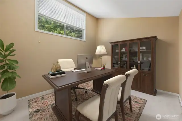 The virtual staging shows a welcoming home office.