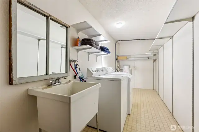 The laundry room is located inside the same door that leads to the double garage.
