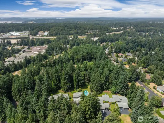 The drone camera caprtures the peaceful seclusion of your new home.