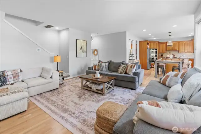 The family room offers an additional staircase to access the upper level