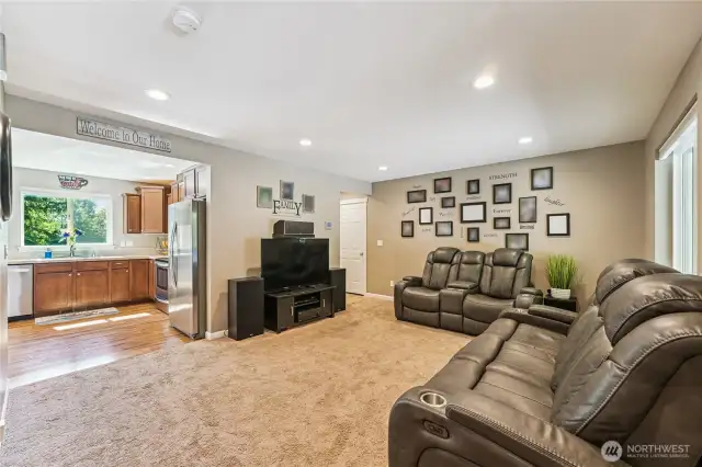 Cozy living room adjacent to kitchen