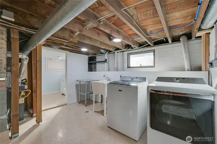 The utility area with deep sink and 1/2 bath to left.