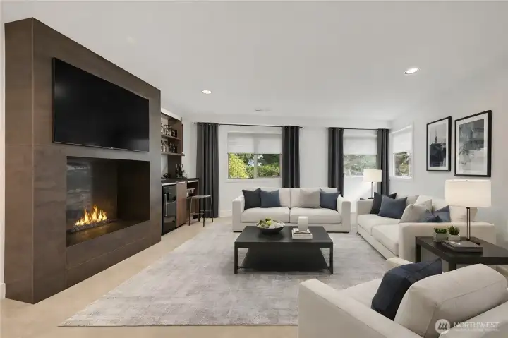 The lower level living space as virtually staged. A door to the outside is on the right.