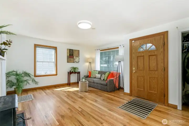 Another view of the living room, cozy woodstove! works great plus their is gas heat!