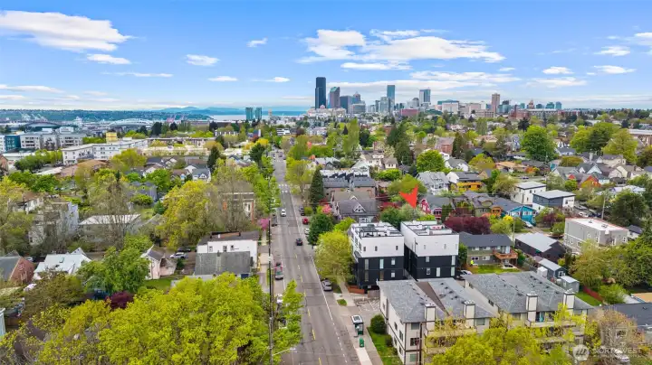 Aerial view of building with downtown Seattle behind