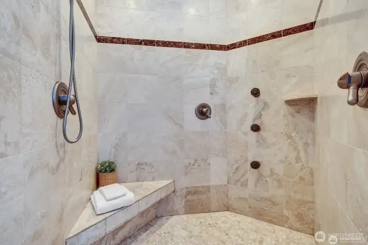 Primary walk in bath, multiple fixtures
