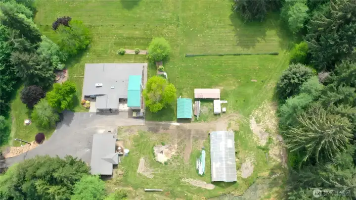 Aerial of Home, Garage, Chicken Coop & Greenhouse