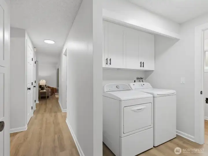 As you pass the pantry down the hall, you'll find the laundry area. As you pass the pantry down the hall, you'll find the laundry area.