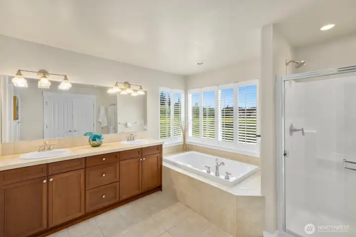 Attached primary bathroom with plantation shutters and views!