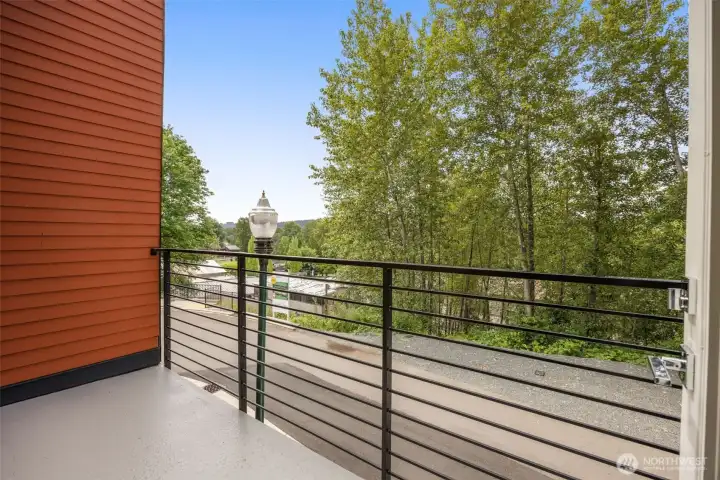 Exceptional outdoor living featuring a private deck with sleek iron railings, looking out over lush, territorial green views.