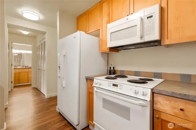 Matching cabinets gives a cohesive look.