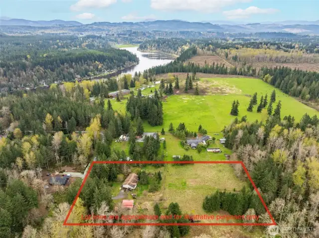 Lines in drone photo are approximate and for illustrative purposes only. ~ 4 minute drive to Ohop Lake.
