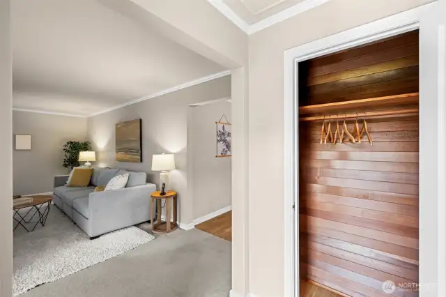 As you enter you are greeted with cedar lined entry closet, hardwoods and spacious living room