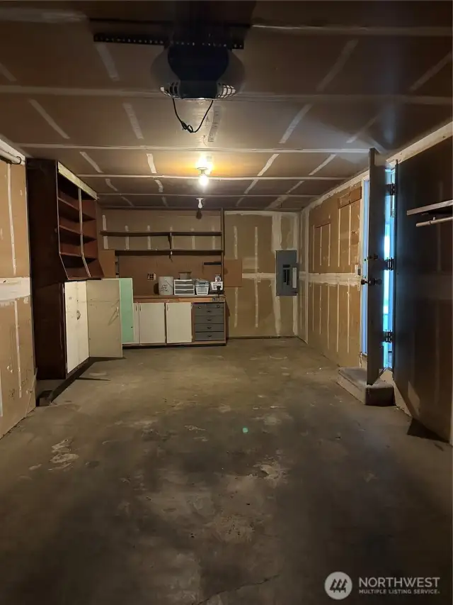 Large garage with shelving