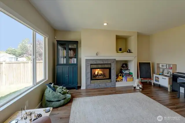 Family room with gas fireplace.