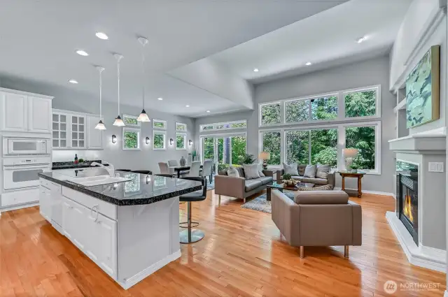 Crisp white cabinetry is topped with granite and accented by pendant lights. Everywhere you look you see the greenbelt.
