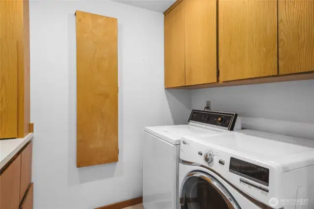 Dedicated laundry room with built in storage.