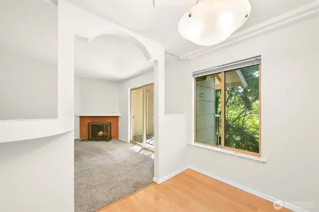 Dining area leading into living room