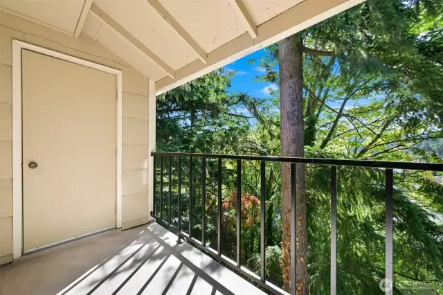 View off balcony of trees/mountains with storage