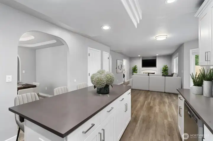 View from the kitchen into the main living area.
