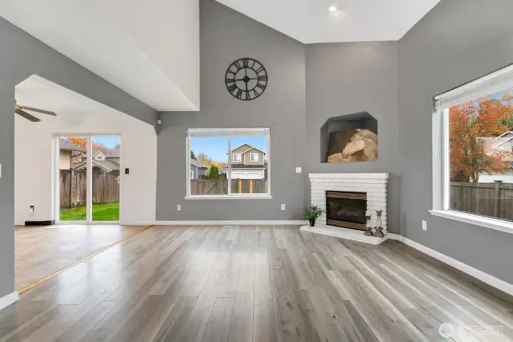 Fireplace warms the living area.