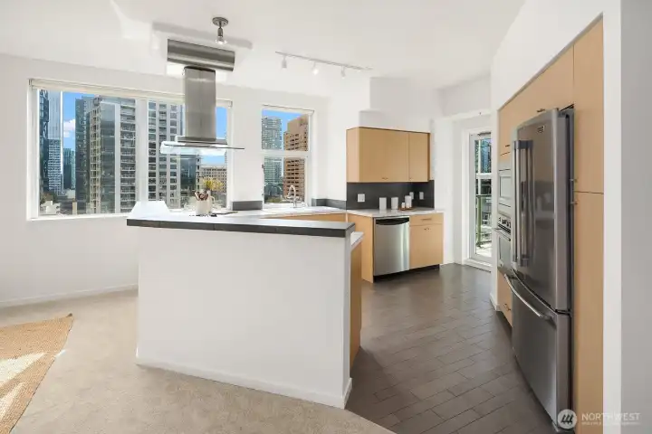 Well-appointed, open kitchen.