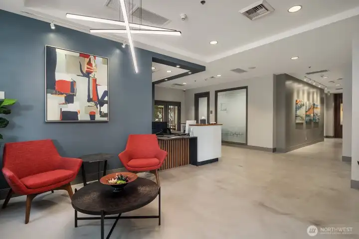 Welcoming lobby with concierge.