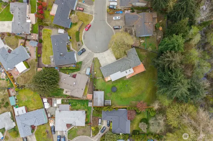 Overhead view of the home and neighborhood