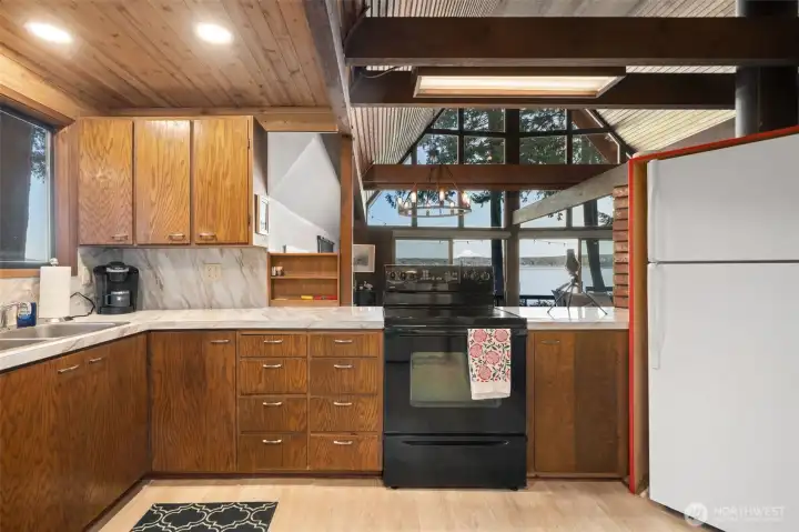 Kitchen has views of majestic Rainier over Case Inlet.