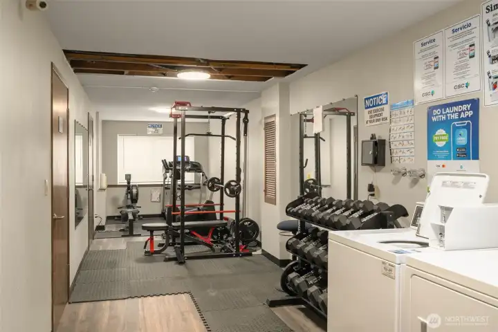 Fully equipped fitness center with machines and free weights.