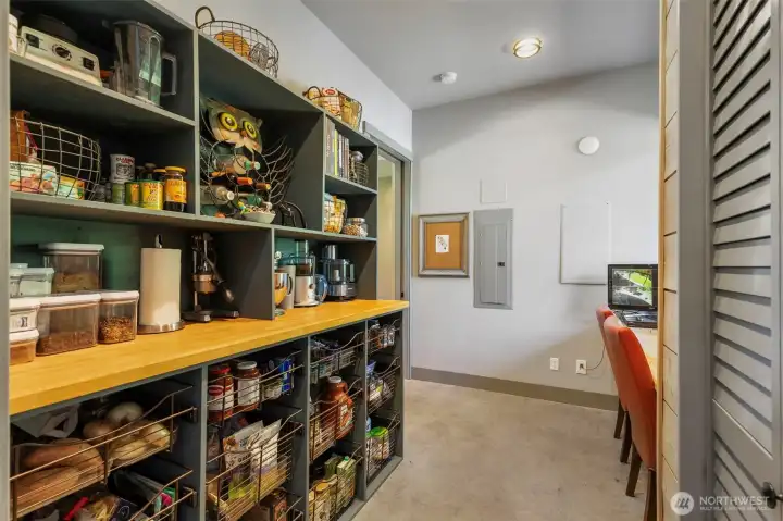 Built-in pantry area with a home management desk area.