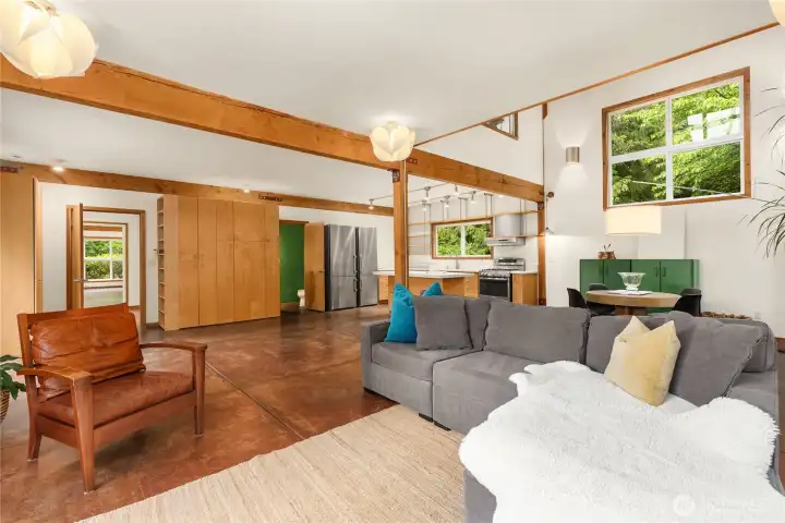 Exposed beams, radiant heating and open concept for living. Exposed beams, radiant heating and open concept for living.