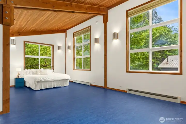 Marmoleum flooring on east upper bedroom. Walls of windows look south. Marmoleum flooring on east upper bedroom. Walls of windows look south.