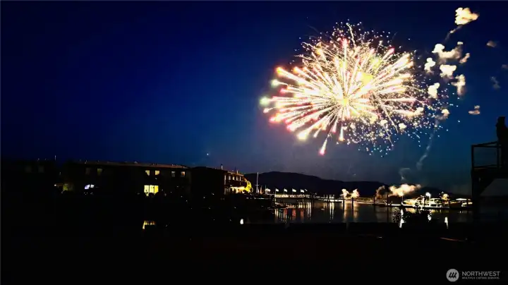 Fireworks were outstanding (thank you to the folks doing them) and the unit is to the left of the lighted windows. The included moorage slip is on the right of the fireworks... You will be blown away with the community participation with fireworks show. WOW!!! Fireworks were outstanding (thank you to the folks doing them) and the unit is to the left of the lighted windows. The included moorage slip is on the right of the fireworks... You will be blown away with the community participation with fireworks show. WOW!!!