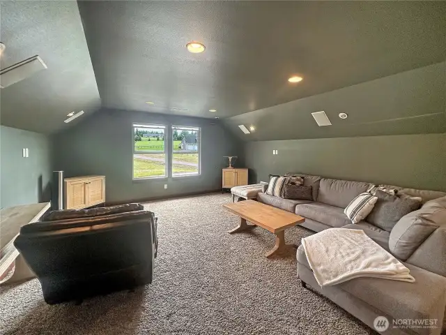 Upstairs media room with projector and screen.