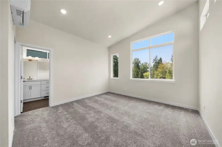 Primary bedroom suite with vaulted ceiling, fits king-size bed